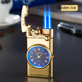 New Lighter With Electric Watch Rocker Arm Automatic Ignition Straight Blue Flame Lighter Creative Real Dial Inflatable Windproof Lighter Men's Watch Gift